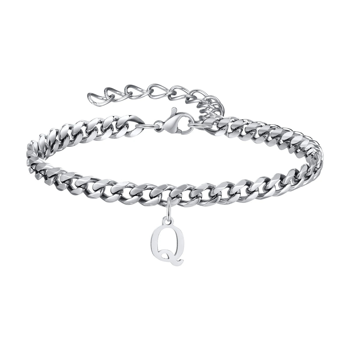 Silver Cuban link initial bracelet with the letter Q
