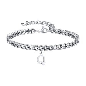 Silver Cuban link initial bracelet with the letter Q