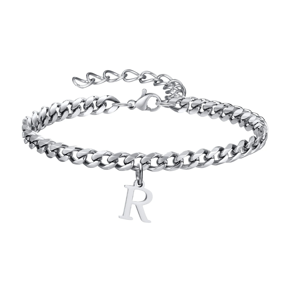 Silver Cuban link initial bracelet with the letter R