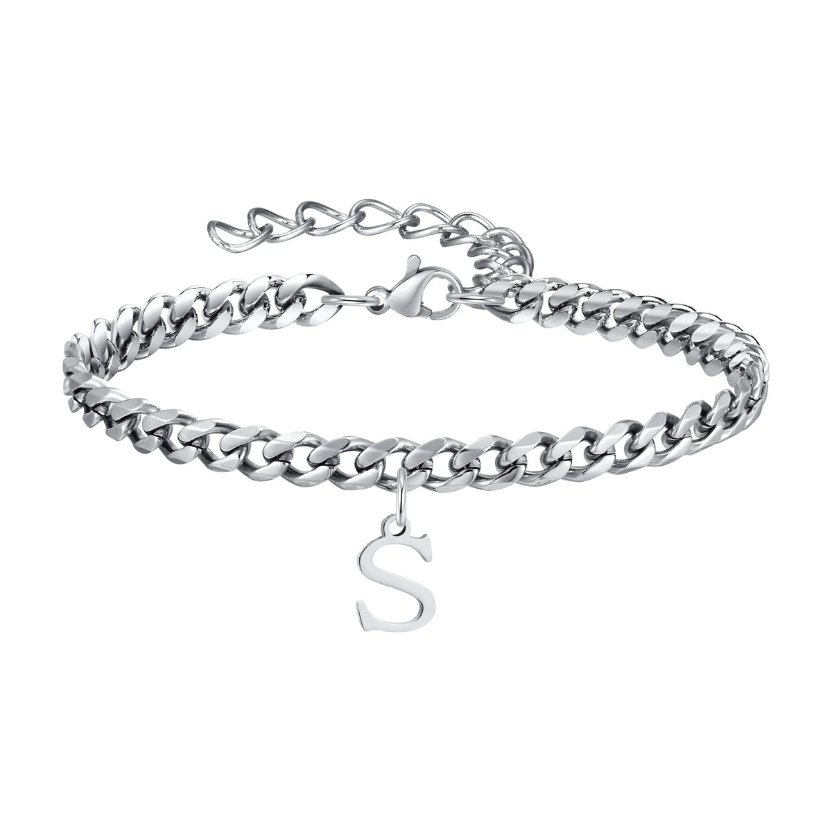 Silver Cuban link initial bracelet with the letter S
