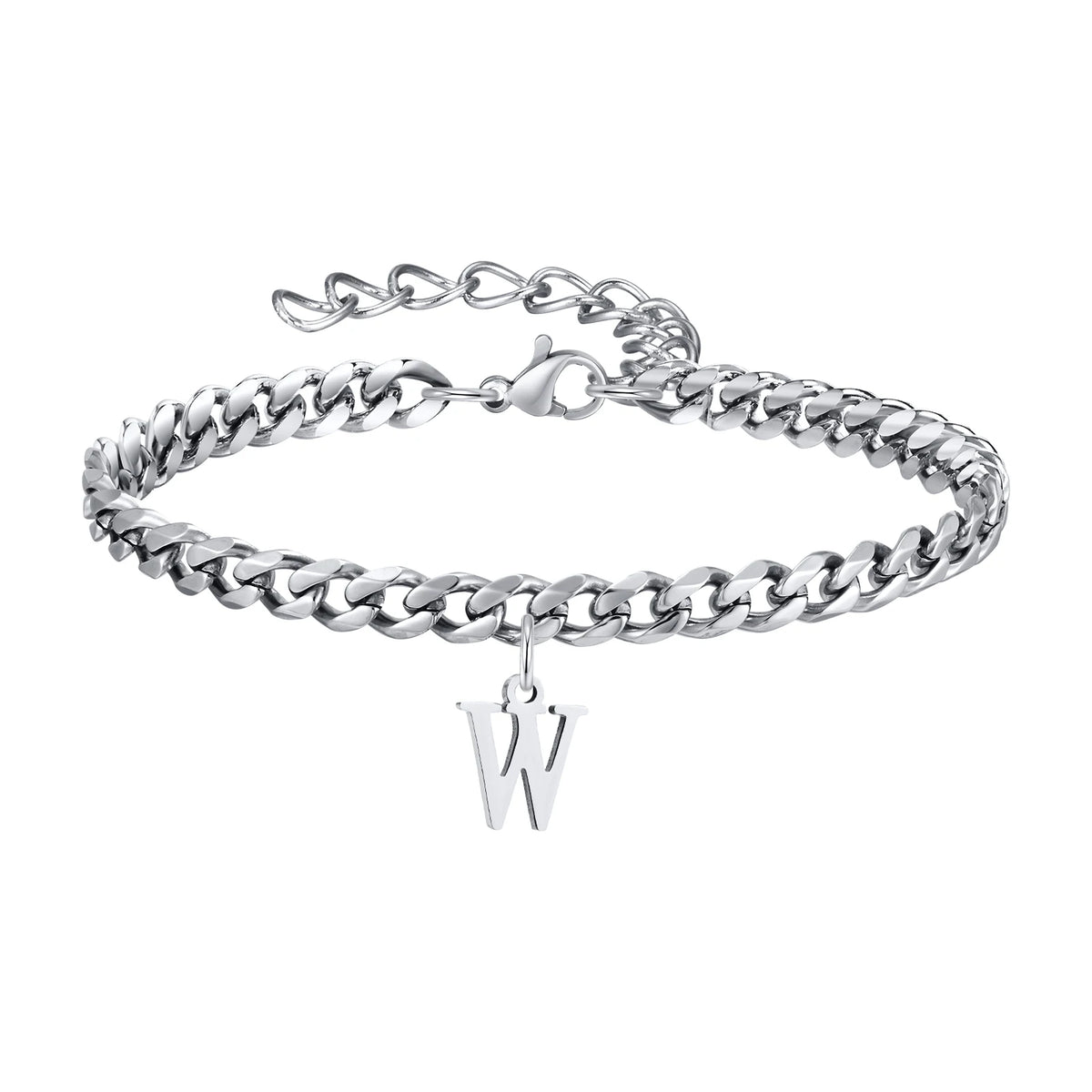 Silver Cuban link initial bracelet with the letter W