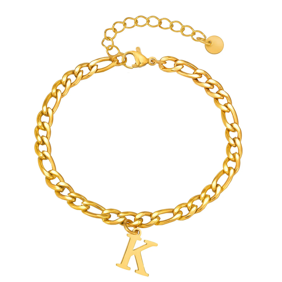 Gold classic initial bracelet with the letter K on a Figaro chain