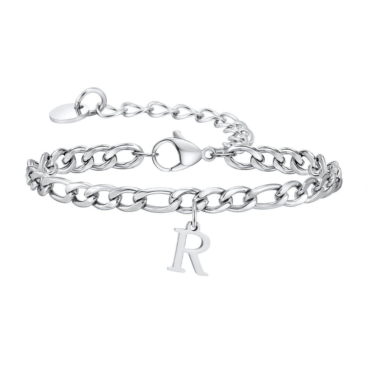 Silver classic initial bracelet with the letter R on a Figaro chain