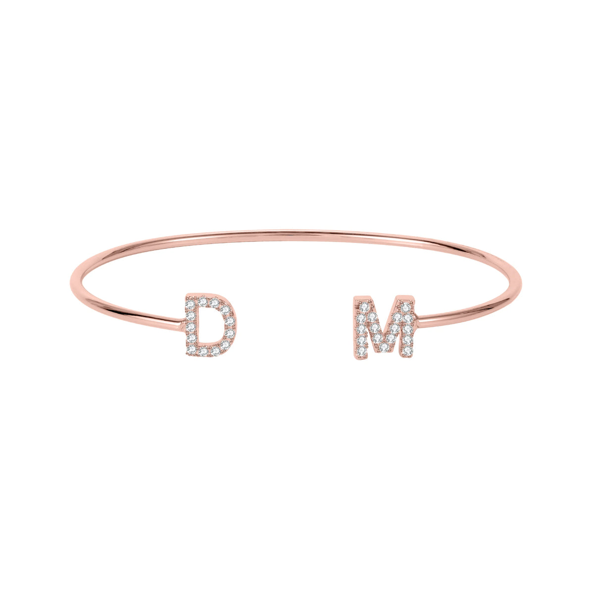 Rose gold dainty double initial cuff bracelet with sparkling letters D and M