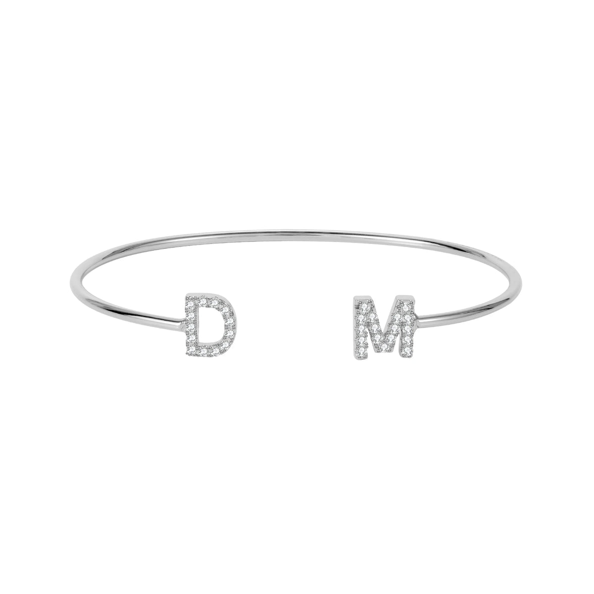 Silver dainty double initial cuff bracelet with sparkling letters D and M
