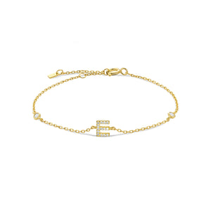 Gold dainty initial bracelet with the letter E