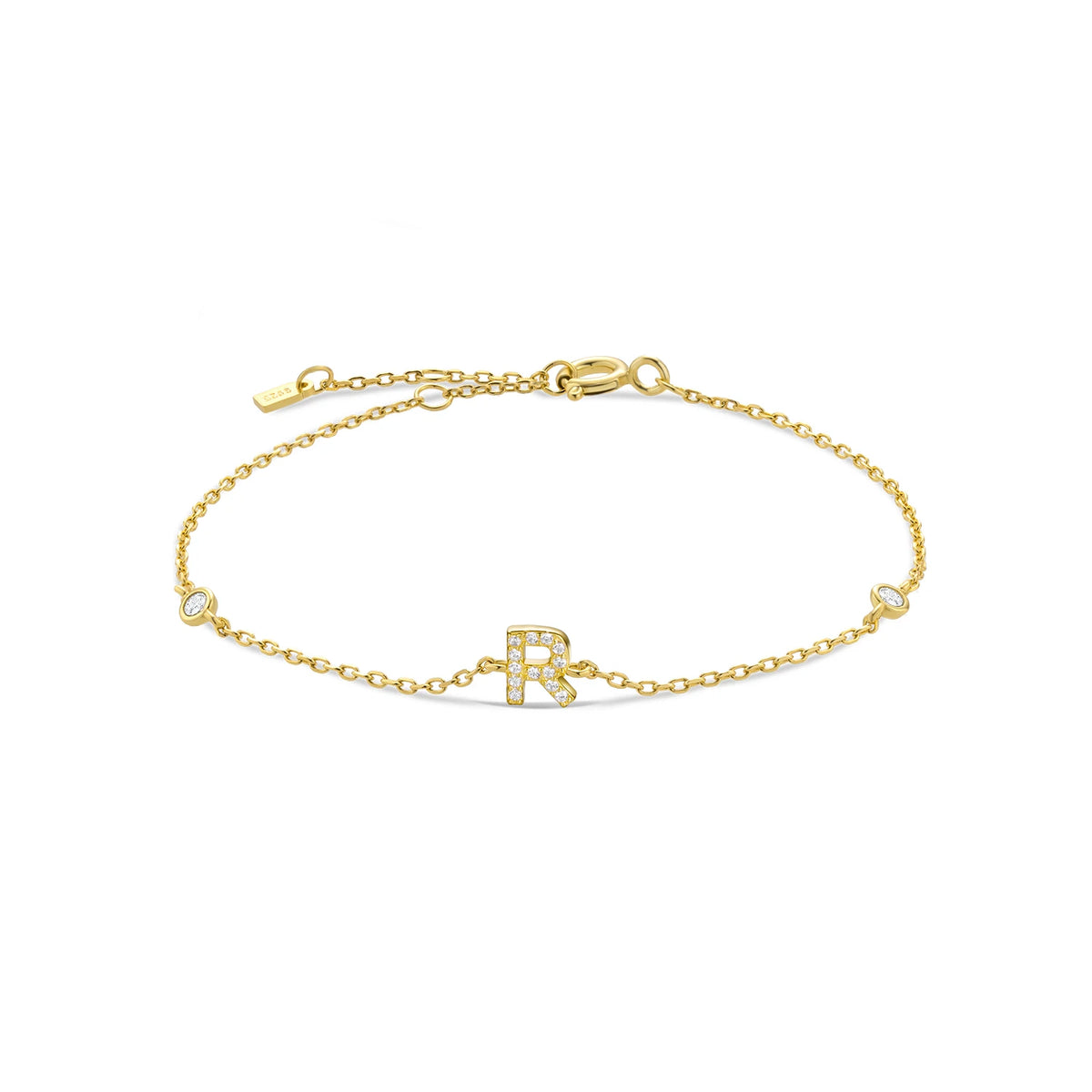 Gold dainty initial bracelet with the letter R