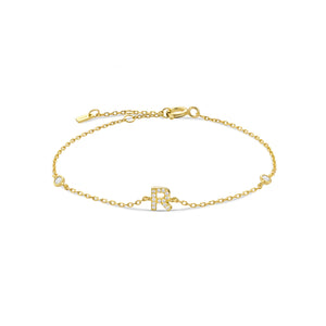 Gold dainty initial bracelet with the letter R