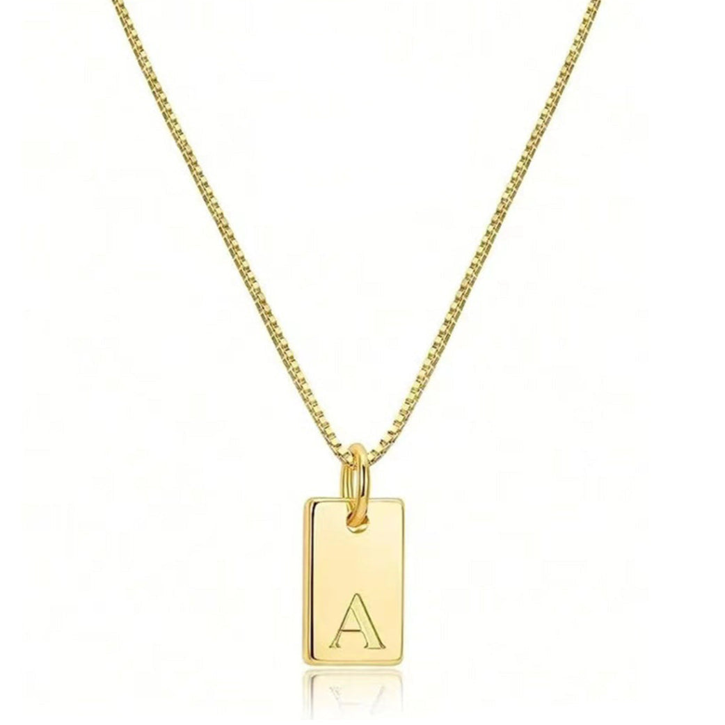 Gold engraved initials charm necklace with the letter A on a box chain