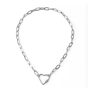 Silver carabiner necklace with a heart-shaped carabiner laid out flat