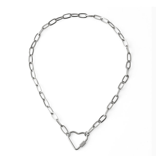 Silver carabiner necklace with a heart-shaped carabiner laid out flat