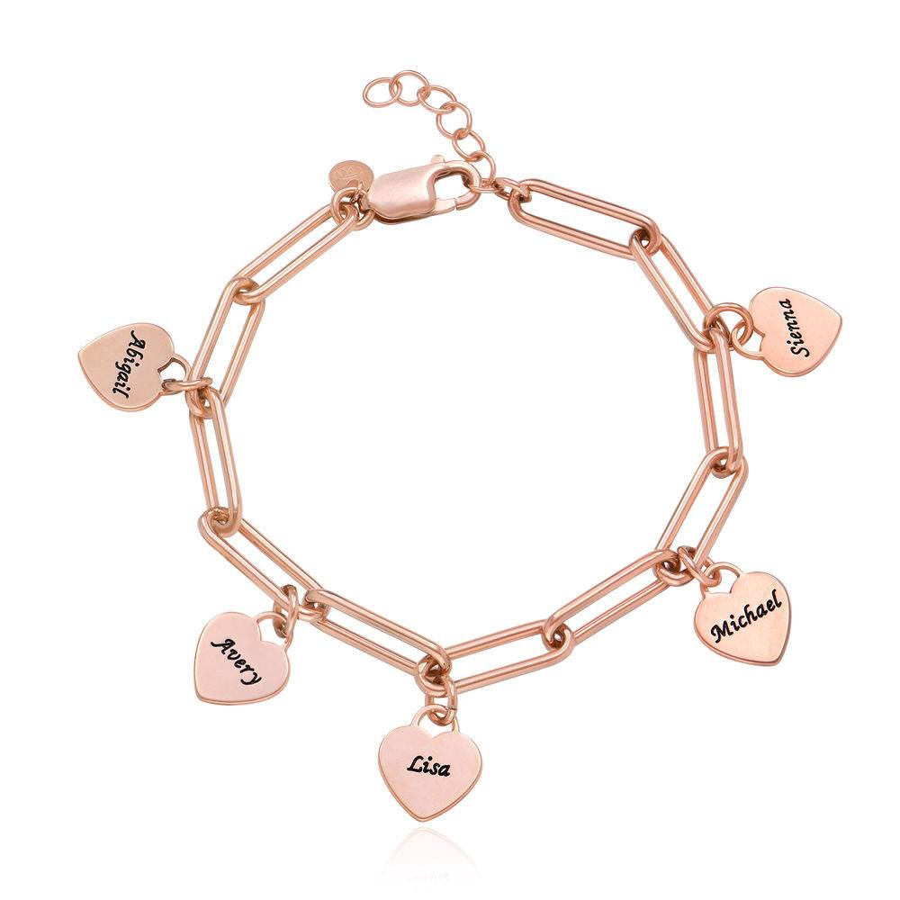 Rose gold paperclip charm bracelet with engraved hearts Miguel, Avery, Lisa, Michael and Sienna