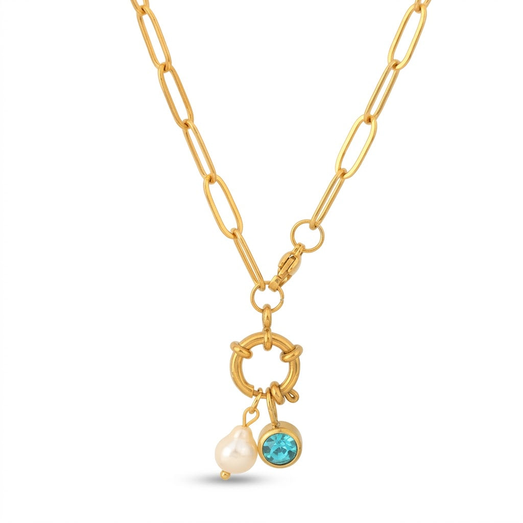 Gouden Paperclip Ketting met Parel en Geboortesteen Hanger