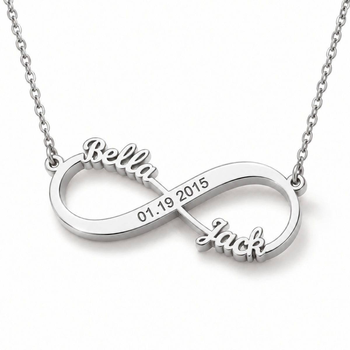 Silver infinite love necklace with the names Bella and Jack and date 01.19 2015
