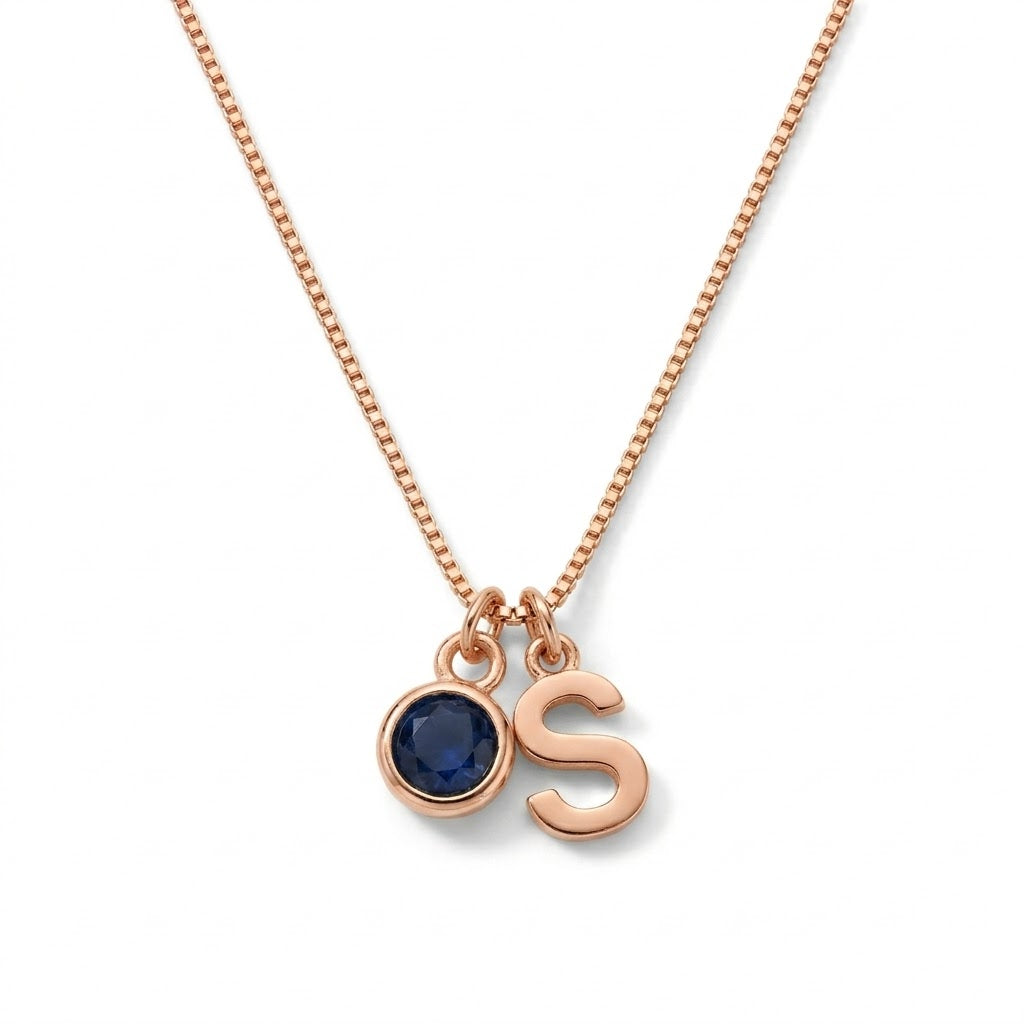 Ketting met Geboortesteen en Initiaal  Rosé Goud