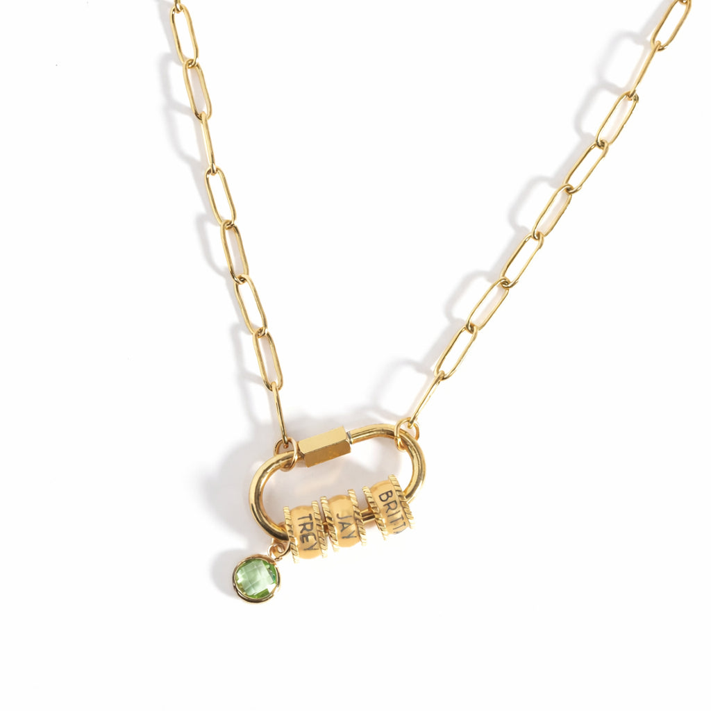 Gouden Carabiner Ketting met Naam Kralen & Geboortesteen
