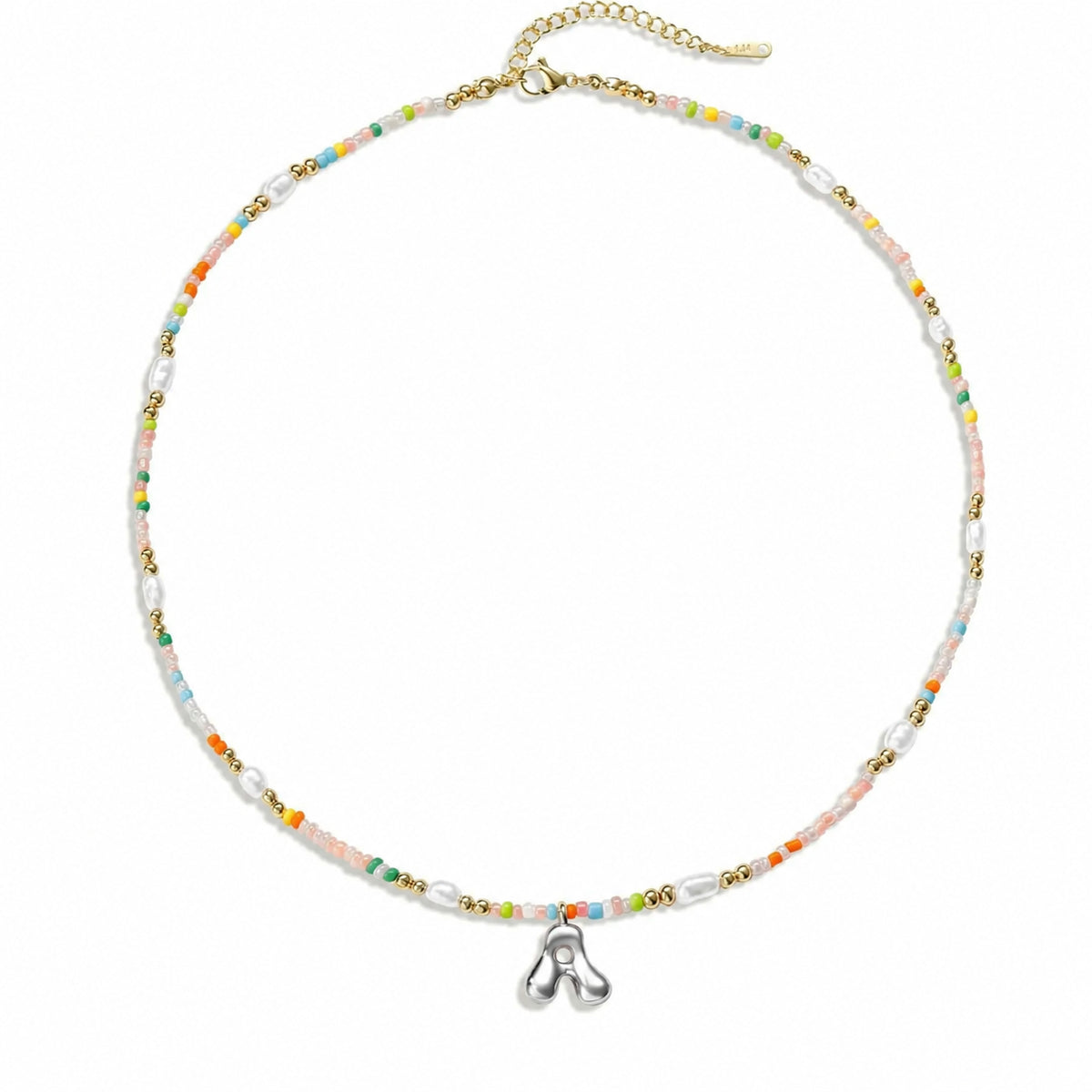 Beaded Initial Necklace with Bubble Letter Silver