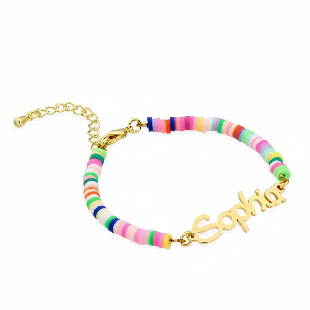 Gold kids name bracelet with rainbow beads and the name Sophia