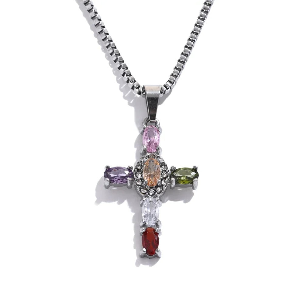 Multicolour Crystal Cross Pendant Necklace Silver