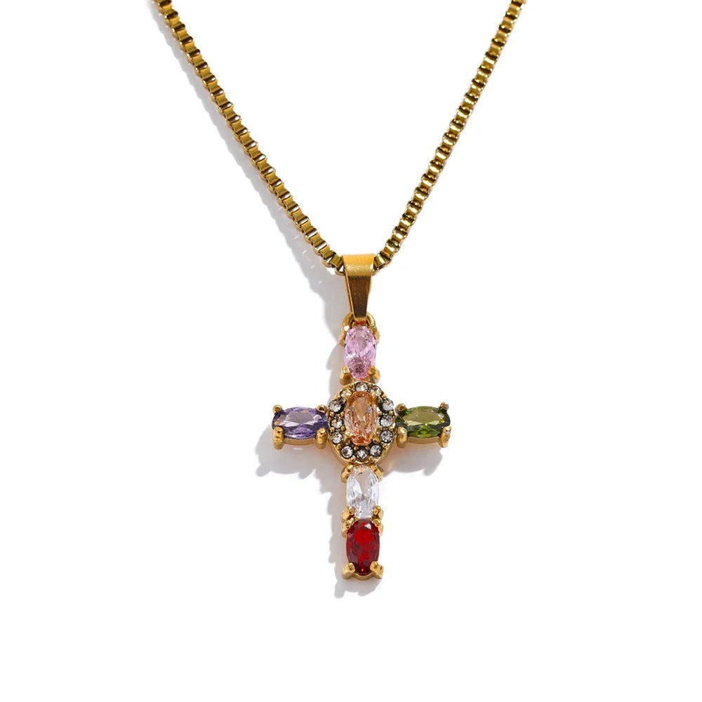 Multicolour Crystal Cross Pendant Necklace Gold