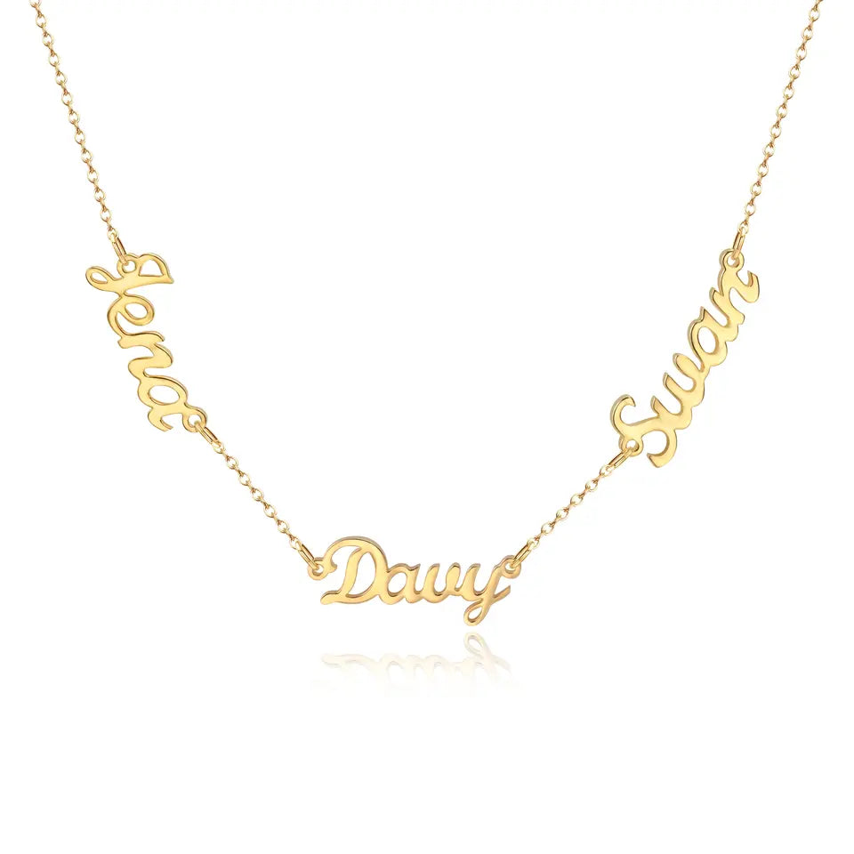 Gold multiple names necklace with three script names on a fine chain