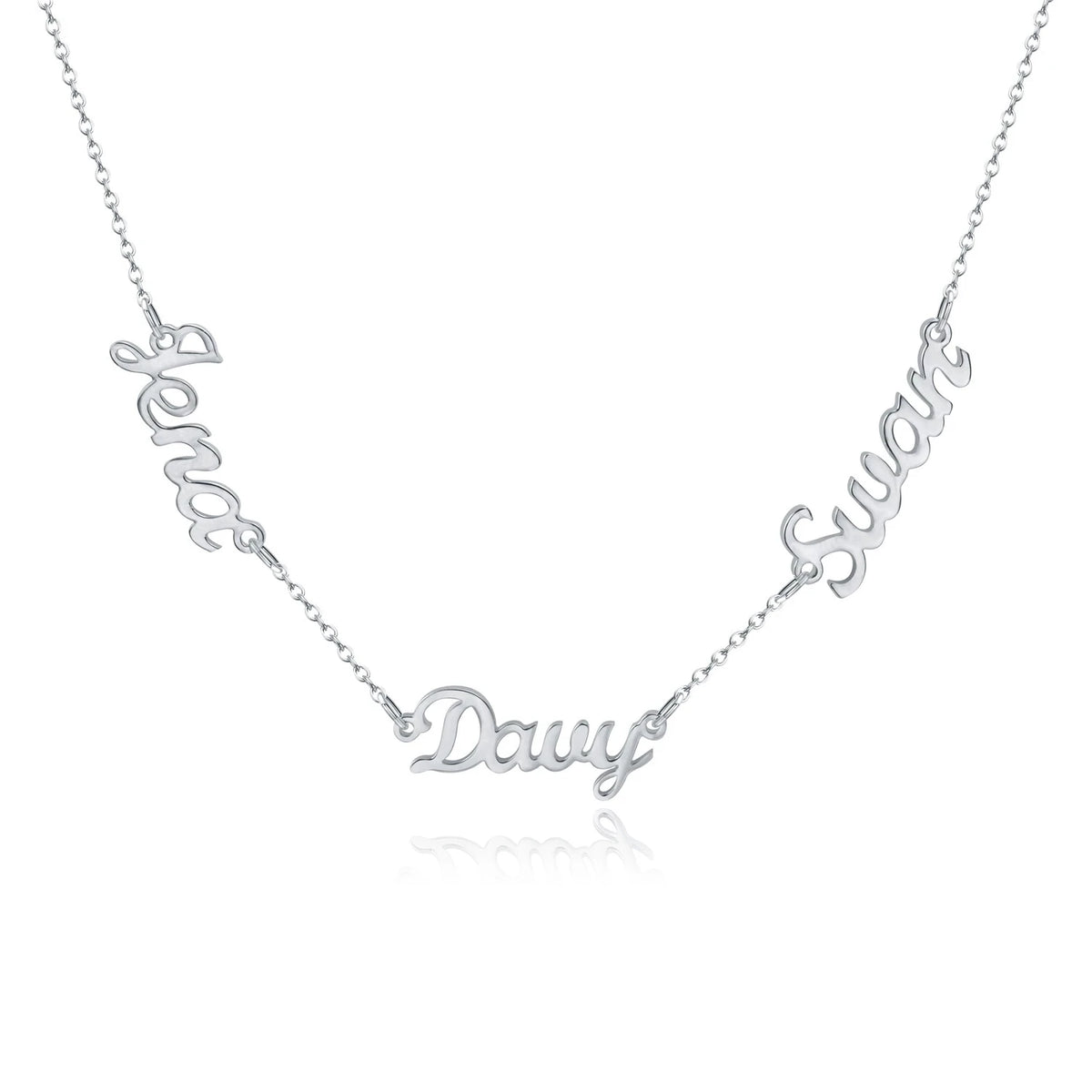 Silver multiple names necklace with the names Jenna, Davy and Susan in script