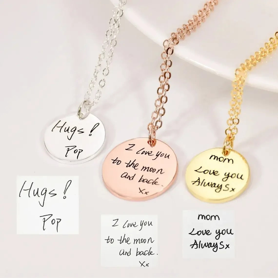 Silver, rose gold and gold handwriting necklaces with engraved notes and their handwritten originals