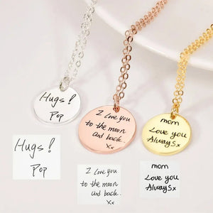Silver, rose gold and gold handwriting necklaces with engraved notes and their handwritten originals