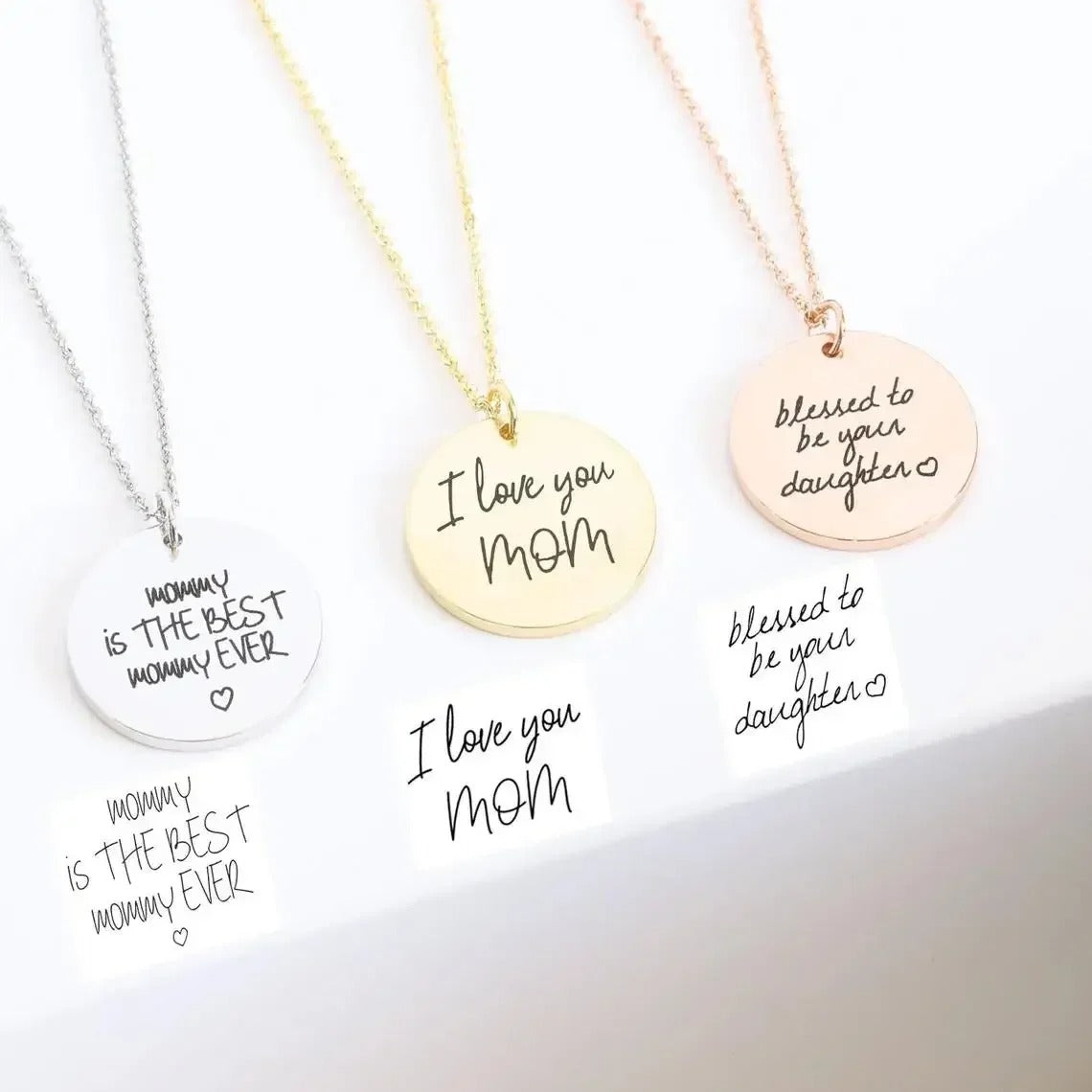 Silver, gold and rose gold handwriting necklaces with messages for mom and their handwritten originals