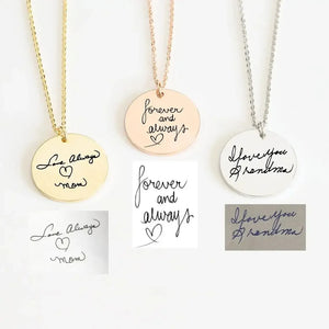 Gold, rose gold and silver handwriting necklaces with love notes and the handwriting samples below
