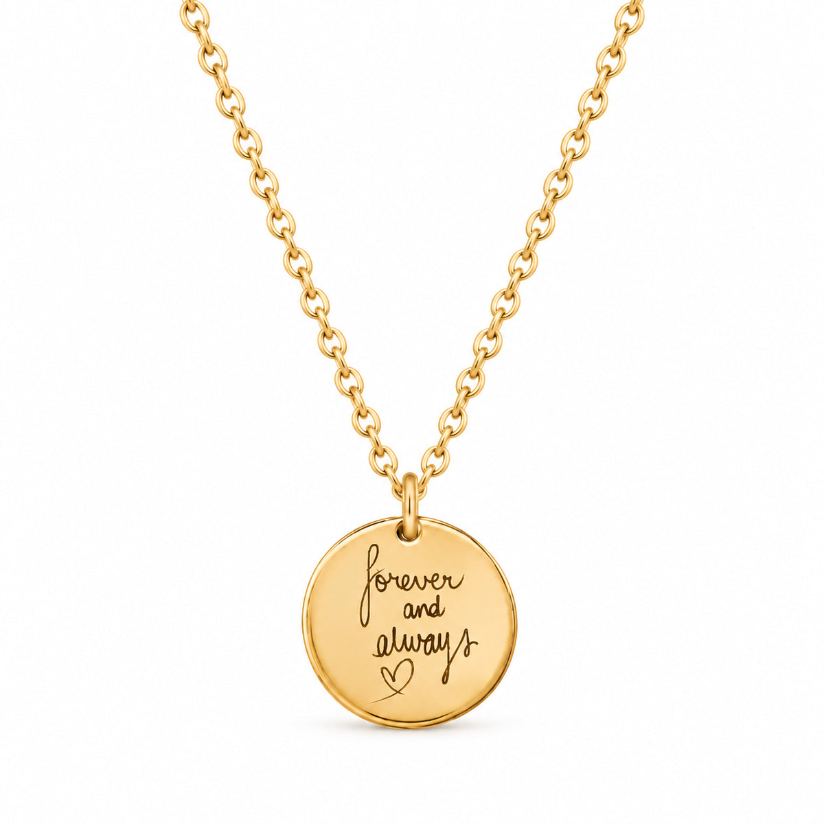 Gold handwriting necklace with a round disc engraved forever and always with a heart
