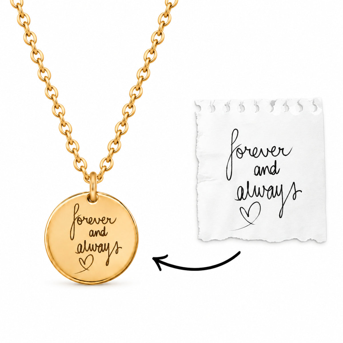 Gold handwriting necklace engraved forever and always next to the original handwritten note