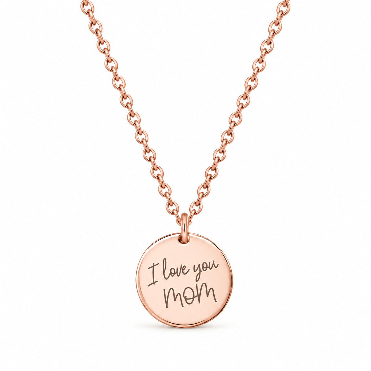 Rose gold handwriting necklace with a disc engraved I love you mom