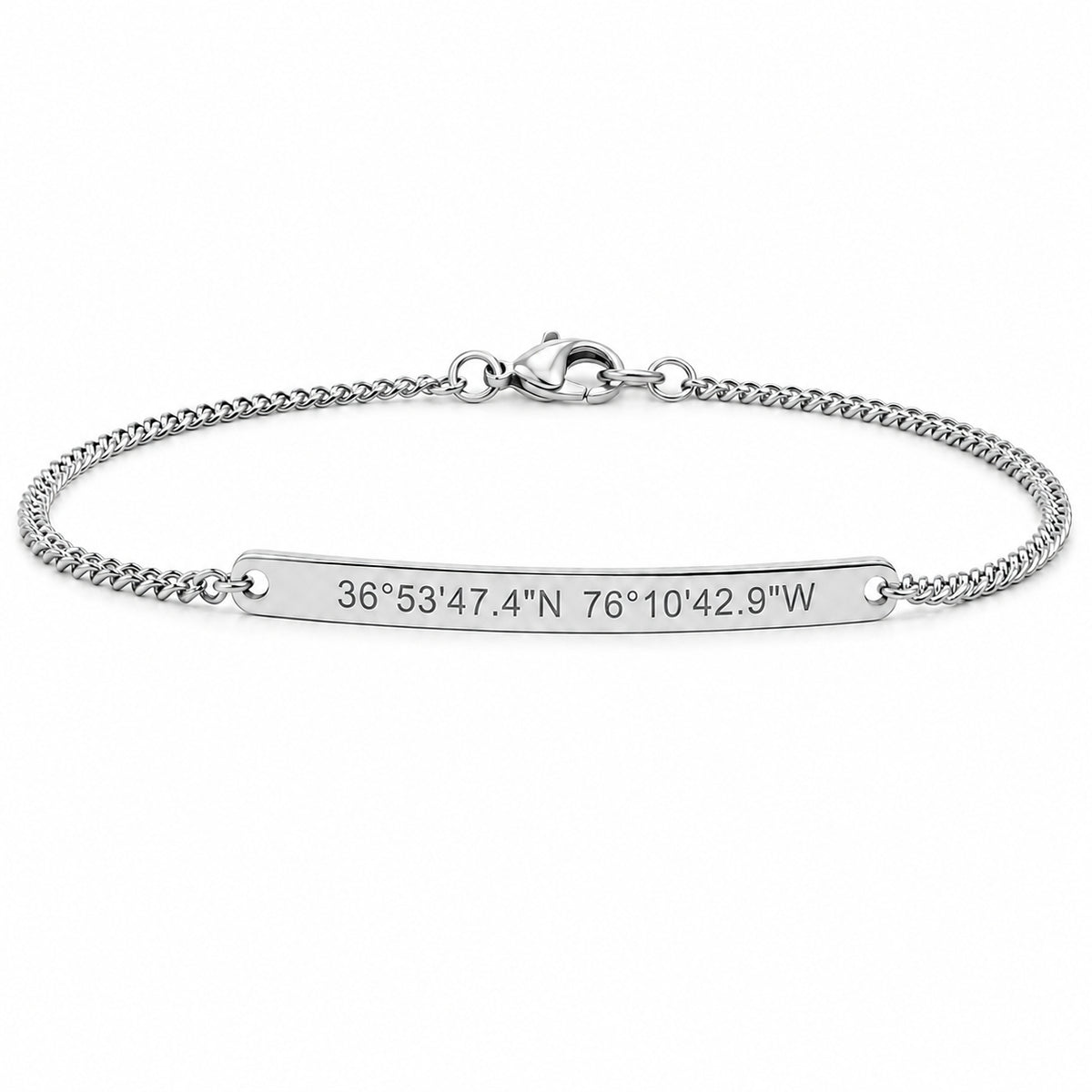 Silver engraved bar bracelet with coordinates 36°53'47.4"N 76°10'42.9"W