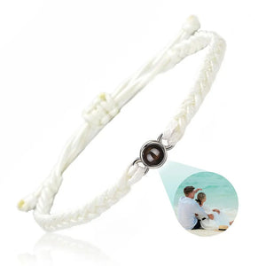 Weißes geflochtenes Fotoprojektions-Armband mit silberner Fassung und Paarfoto