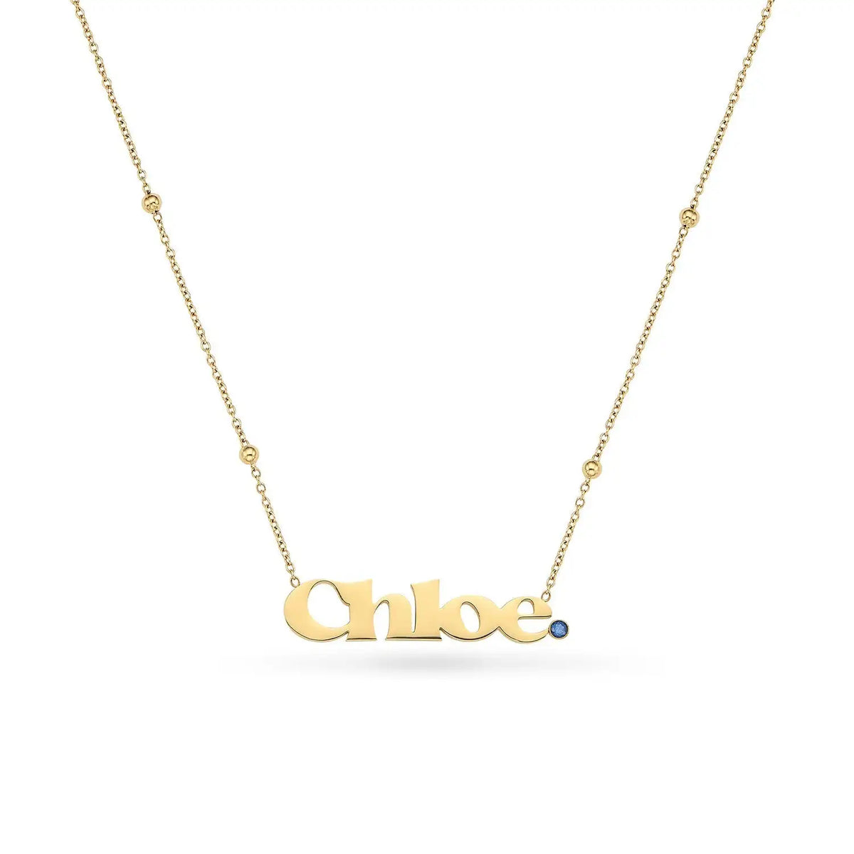 Gold retro name necklace with the name Chloe and a blue birthstone on a beaded chain