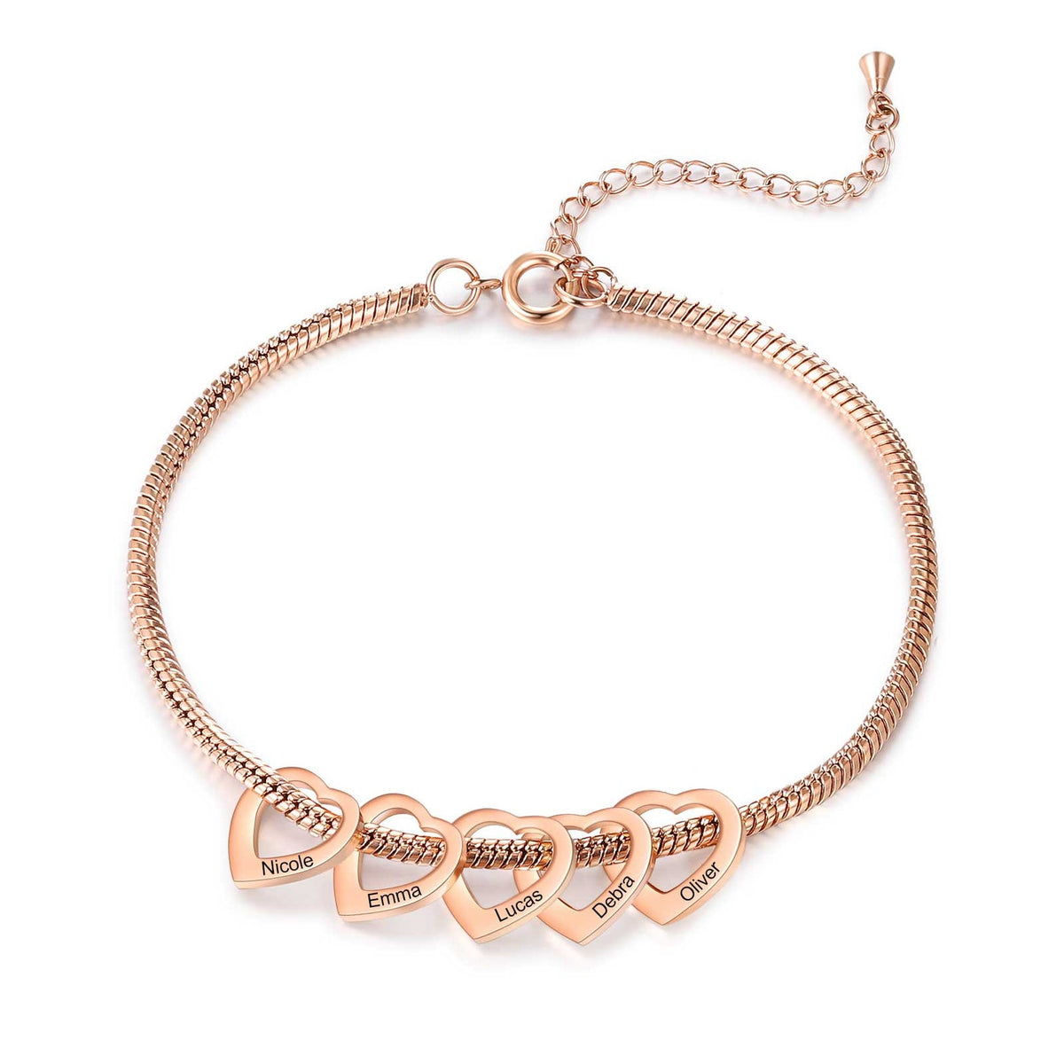 Rose gold snake chain bracelet with five heart charms engraved with names