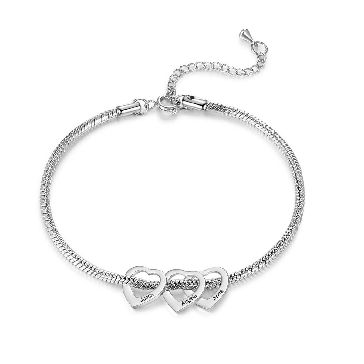 Silver snake chain bracelet with three engraved heart charms