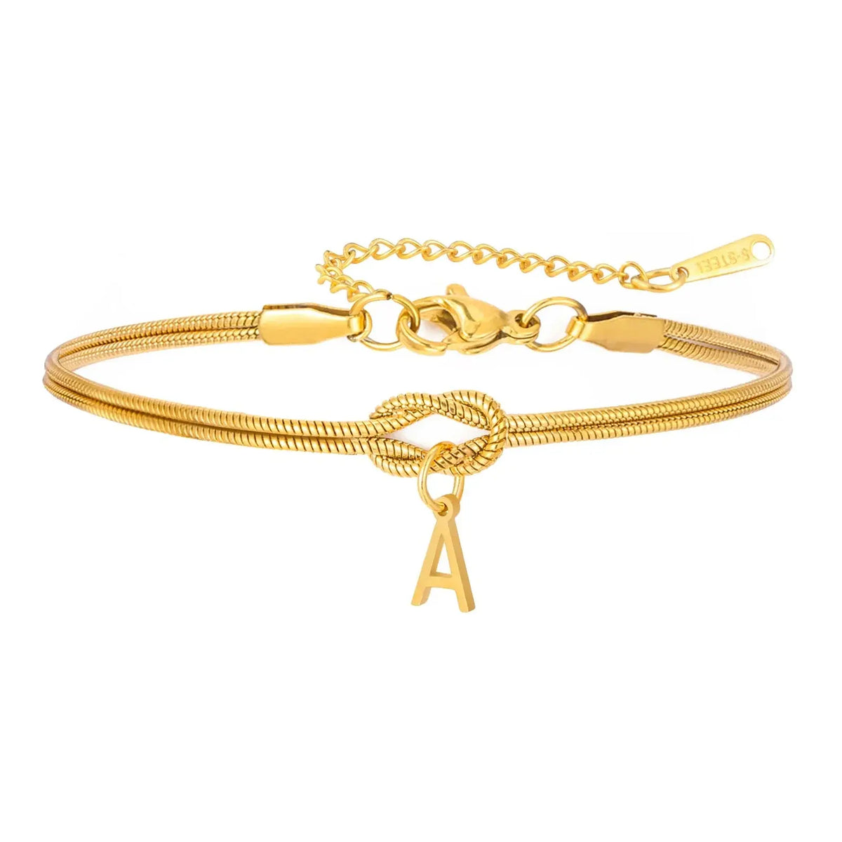 Gold snake chain initial bracelet with infinity knot and the letter A