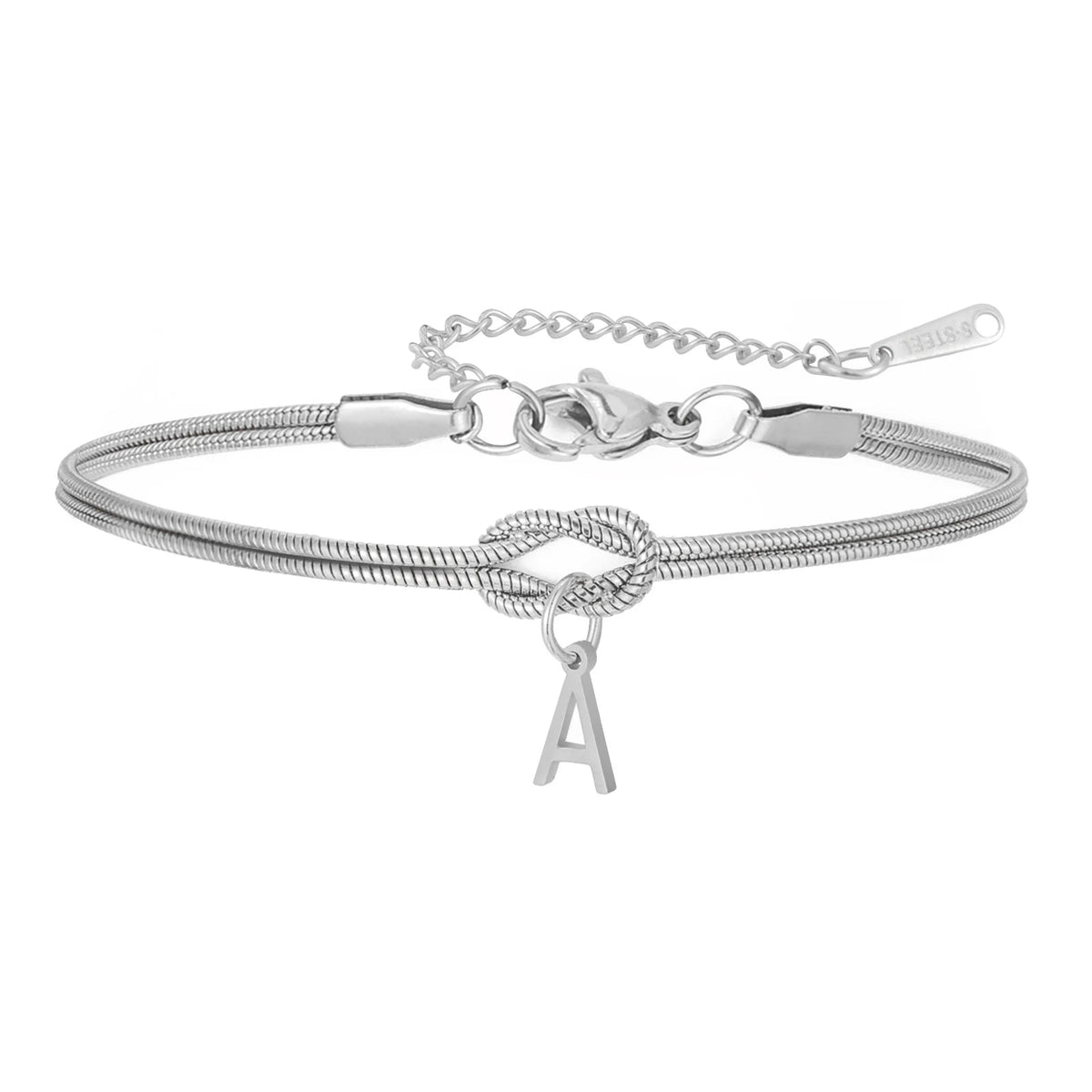 Silver snake chain initial bracelet with infinity knot and the letter A