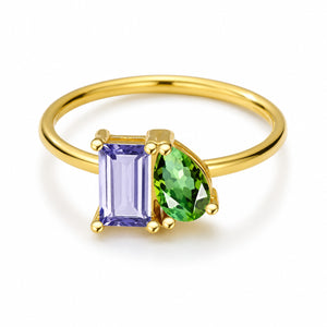 Gold You & Me double birthstone ring with purple and green stones